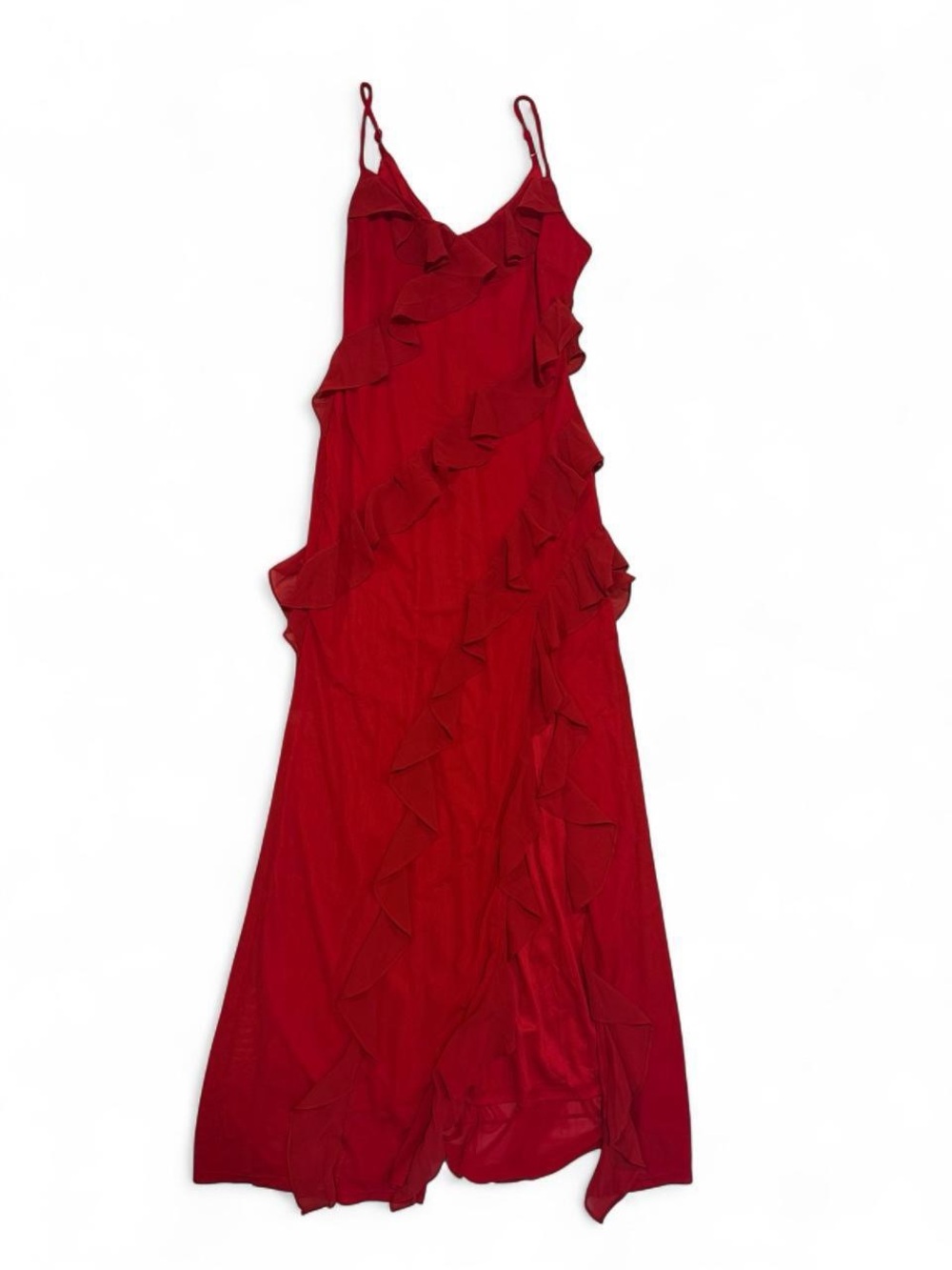 Elegant Red Ruffle Maxi Dress with Spaghetti Straps